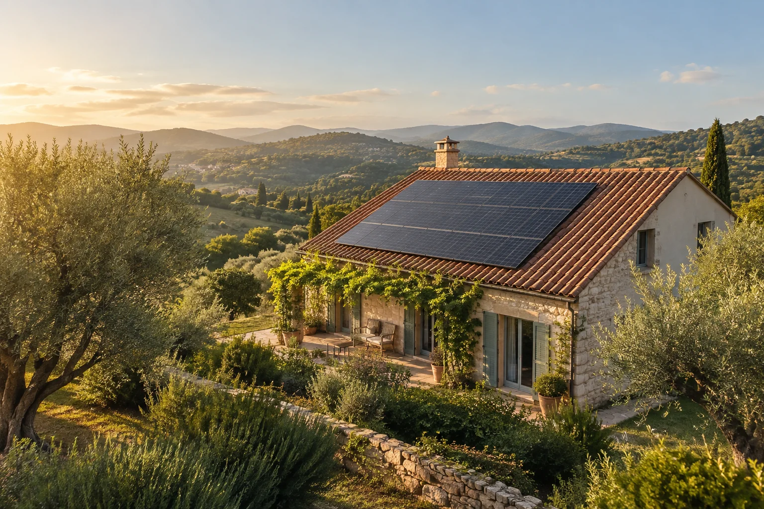Illustration of a European countryside home with rooftop solar panels